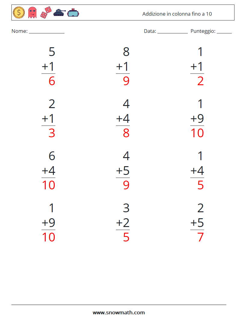 (12) Addizione in colonna fino a 10 Fogli di lavoro di matematica 1 Domanda, Risposta
