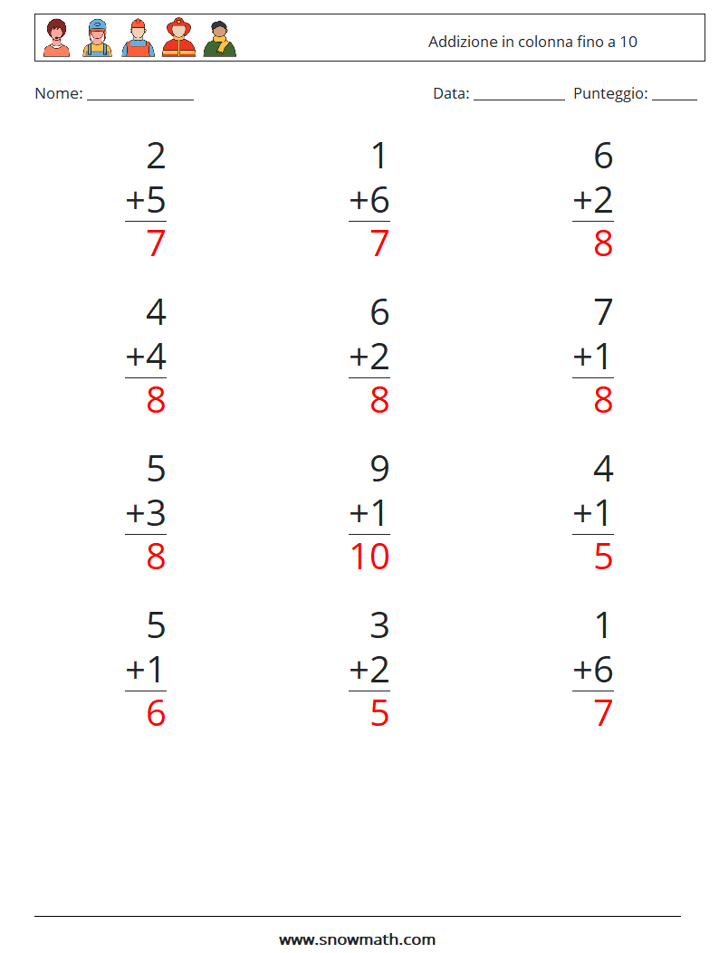 (12) Addizione in colonna fino a 10 Fogli di lavoro di matematica 2 Domanda, Risposta