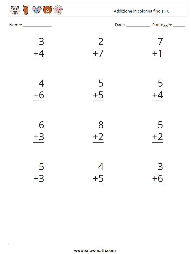 (12) Addizione in colonna fino a 10 Fogli di lavoro di matematica 3