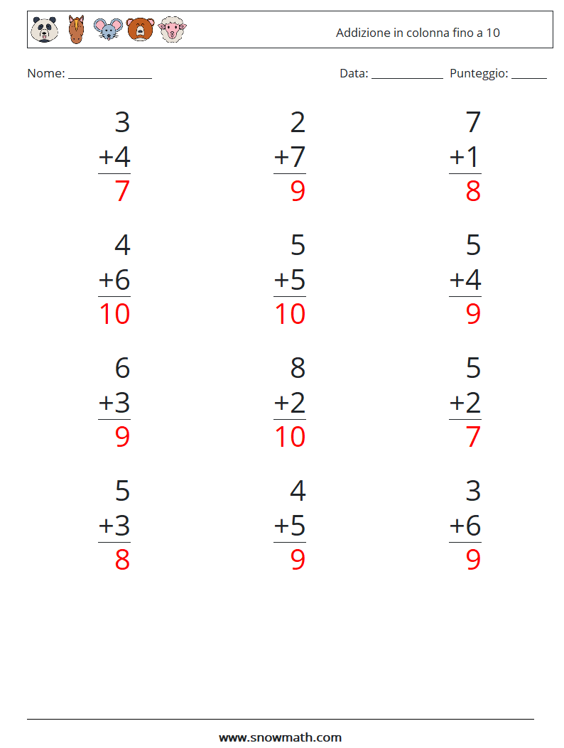 (12) Addizione in colonna fino a 10 Fogli di lavoro di matematica 3 Domanda, Risposta
