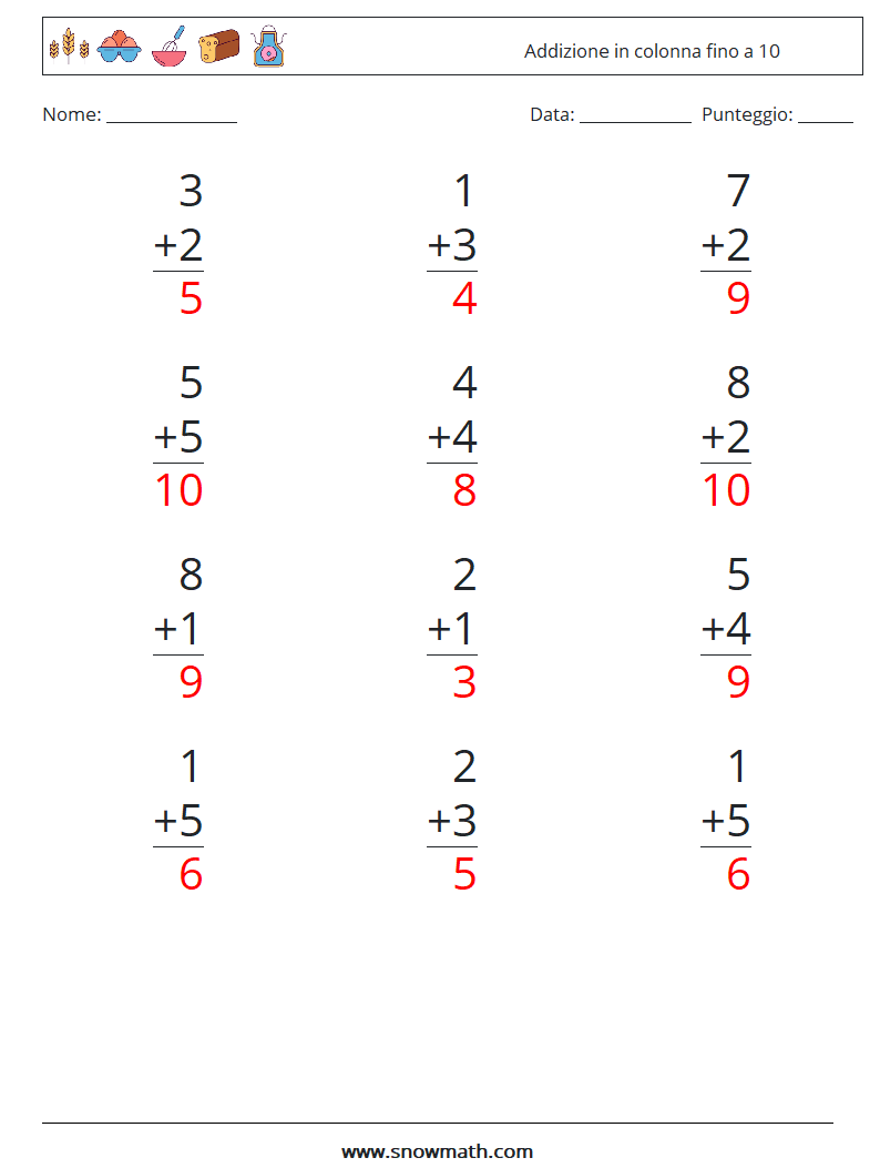 (12) Addizione in colonna fino a 10 Fogli di lavoro di matematica 4 Domanda, Risposta
