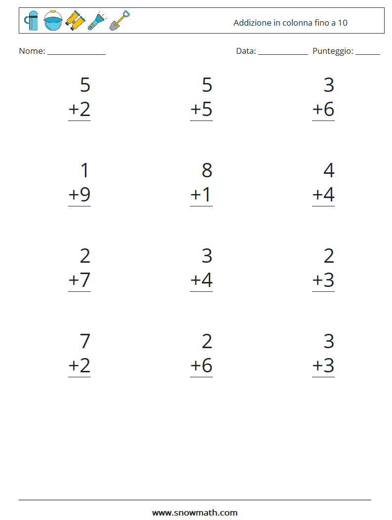 (12) Addizione in colonna fino a 10 Fogli di lavoro di matematica 5