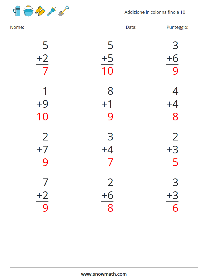 (12) Addizione in colonna fino a 10 Fogli di lavoro di matematica 5 Domanda, Risposta