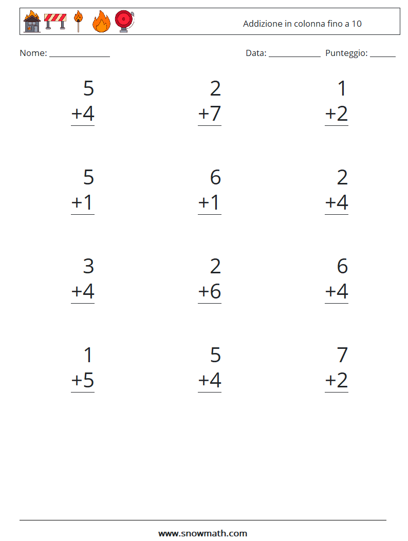 (12) Addizione in colonna fino a 10 Fogli di lavoro di matematica 6