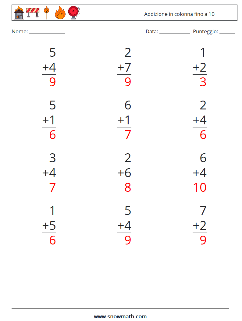 (12) Addizione in colonna fino a 10 Fogli di lavoro di matematica 6 Domanda, Risposta