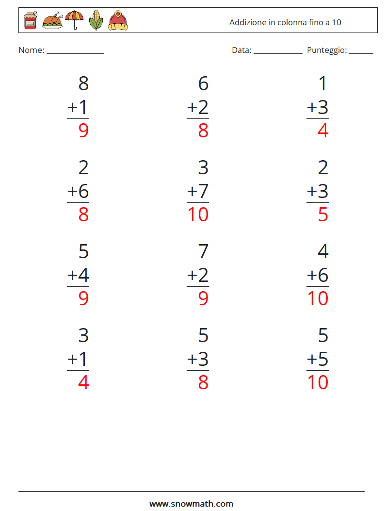 (12) Addizione in colonna fino a 10 Fogli di lavoro di matematica 7 Domanda, Risposta