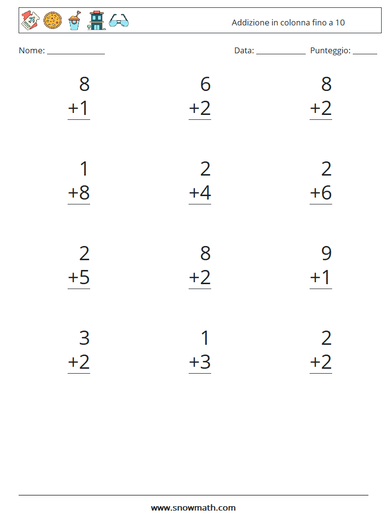 (12) Addizione in colonna fino a 10 Fogli di lavoro di matematica 8