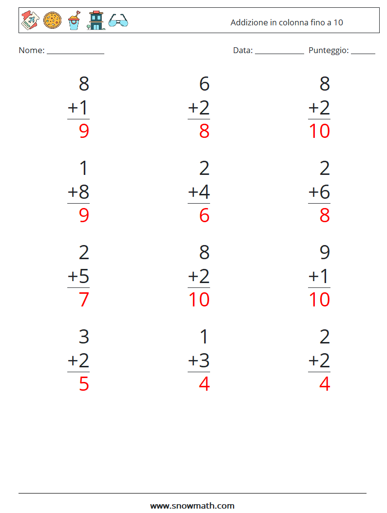 (12) Addizione in colonna fino a 10 Fogli di lavoro di matematica 8 Domanda, Risposta