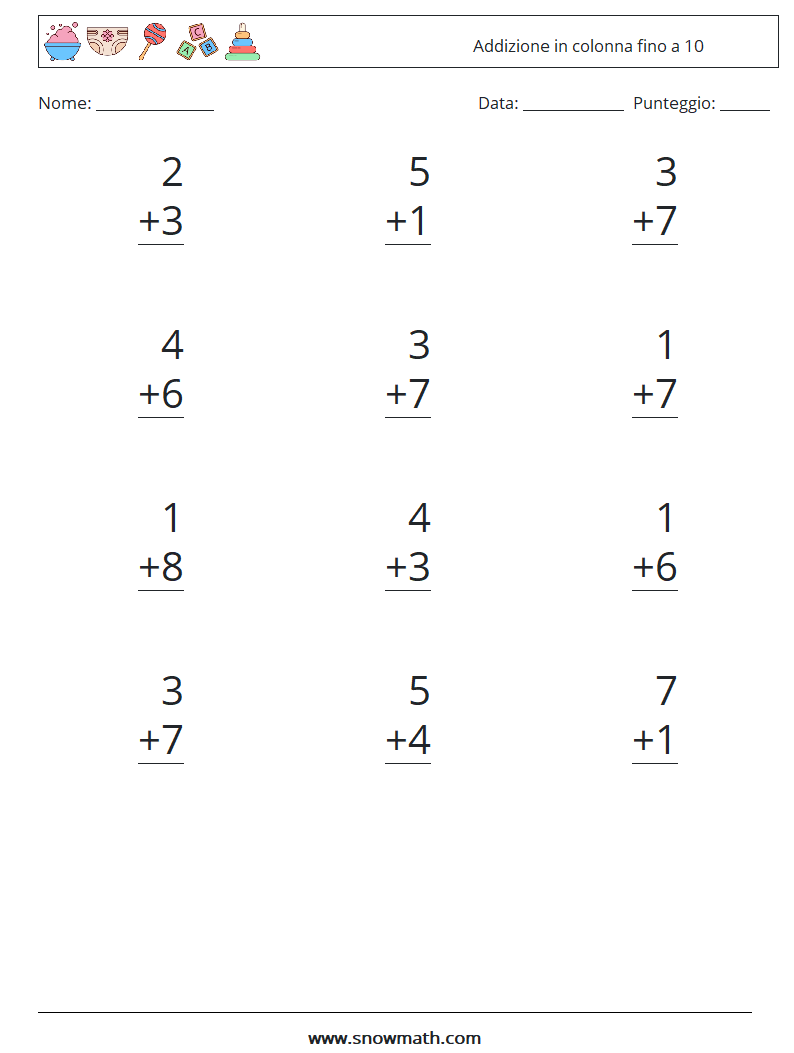 (12) Addizione in colonna fino a 10 Fogli di lavoro di matematica 9