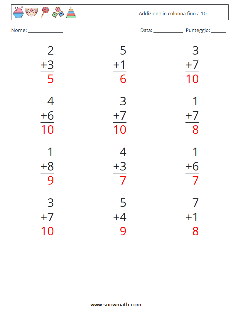 (12) Addizione in colonna fino a 10 Fogli di lavoro di matematica 9 Domanda, Risposta