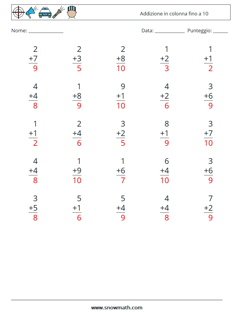(25) Addizione in colonna fino a 10 Fogli di lavoro di matematica 1 Domanda, Risposta