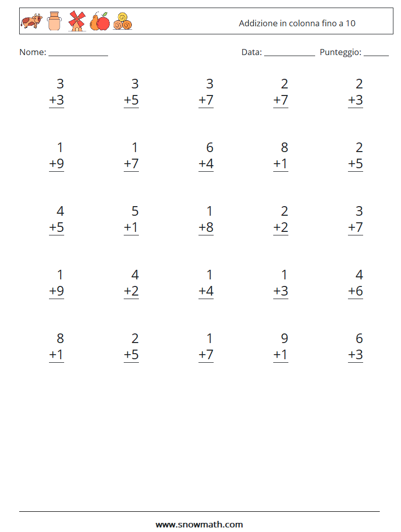 (25) Addizione in colonna fino a 10 Fogli di lavoro di matematica 2