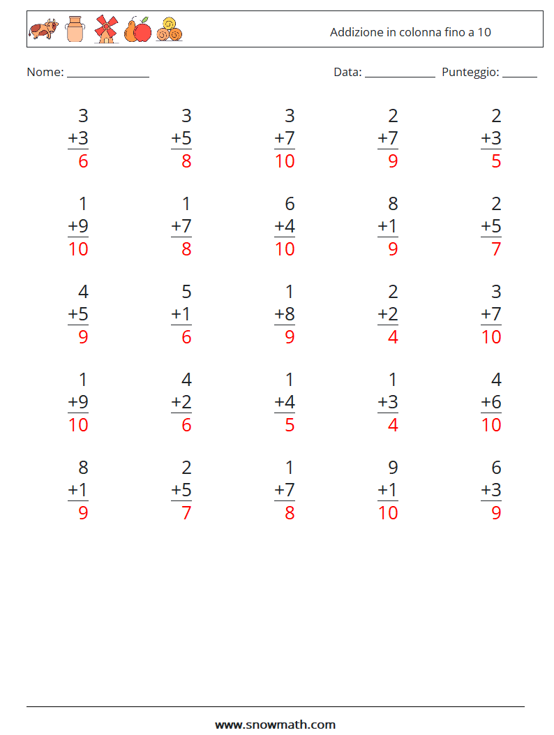 (25) Addizione in colonna fino a 10 Fogli di lavoro di matematica 2 Domanda, Risposta