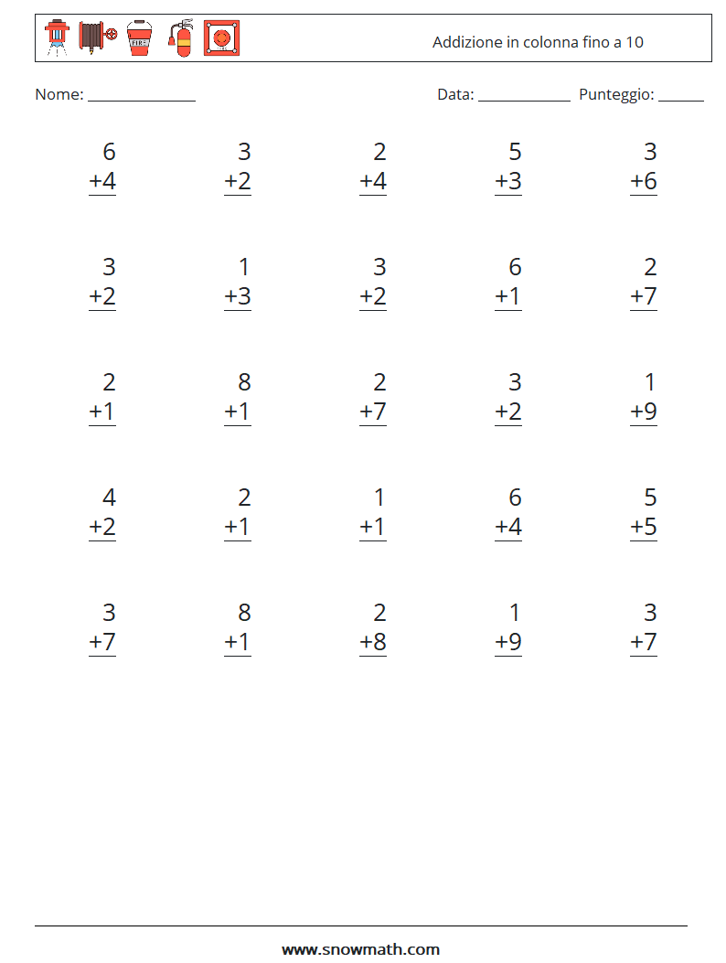 (25) Addizione in colonna fino a 10 Fogli di lavoro di matematica 3