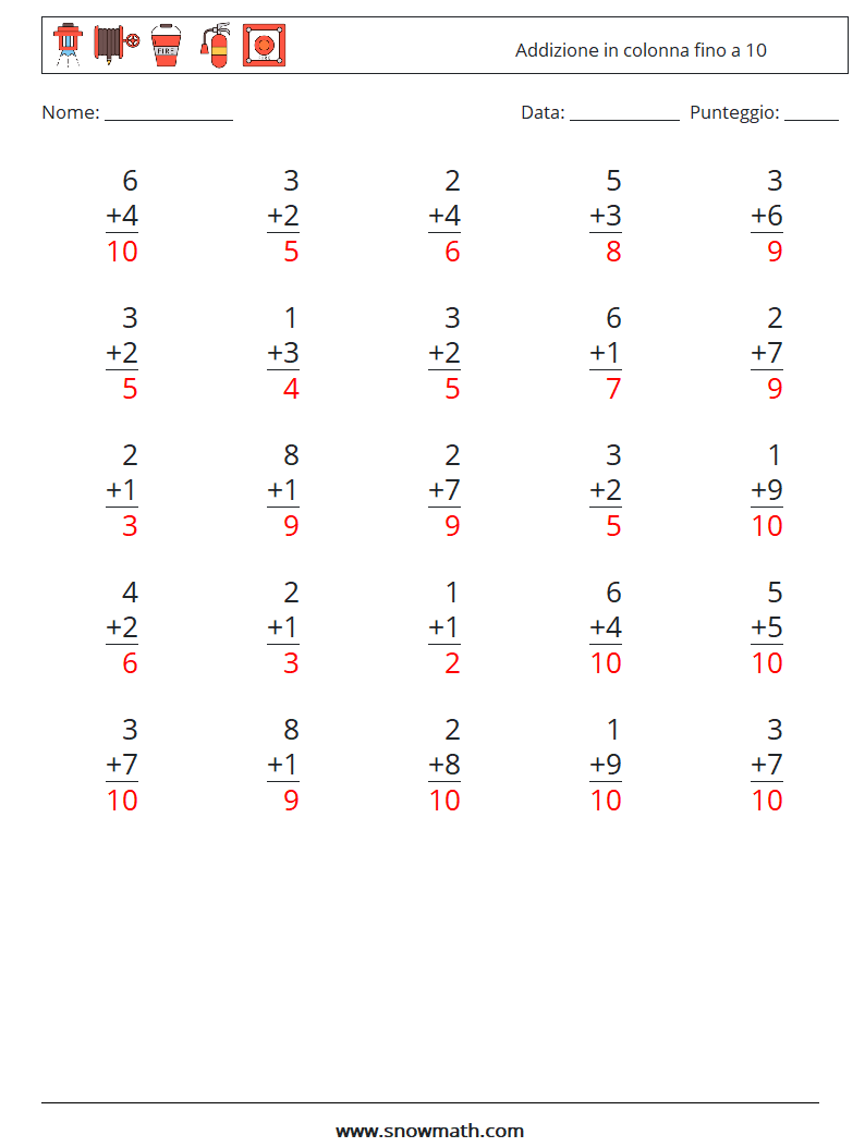 (25) Addizione in colonna fino a 10 Fogli di lavoro di matematica 3 Domanda, Risposta