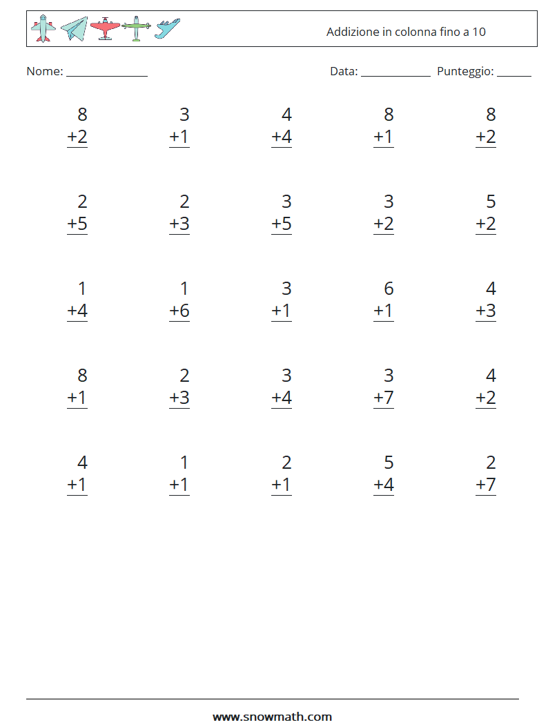 (25) Addizione in colonna fino a 10 Fogli di lavoro di matematica 4