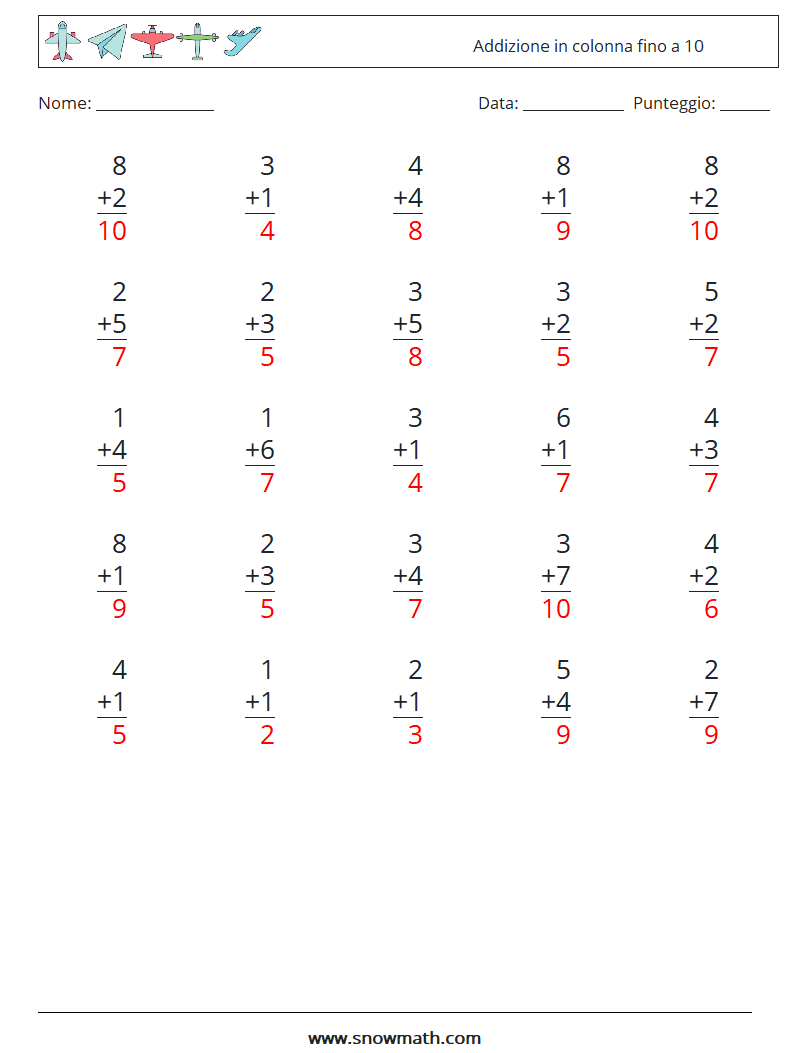 (25) Addizione in colonna fino a 10 Fogli di lavoro di matematica 4 Domanda, Risposta