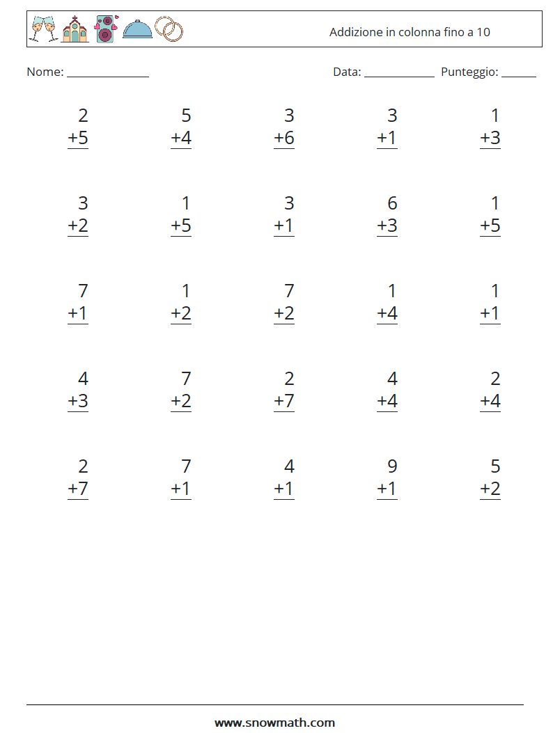 (25) Addizione in colonna fino a 10 Fogli di lavoro di matematica 5