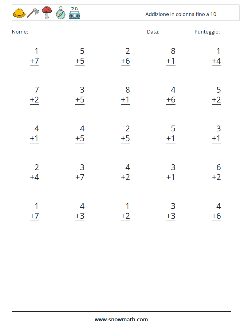 (25) Addizione in colonna fino a 10 Fogli di lavoro di matematica 6