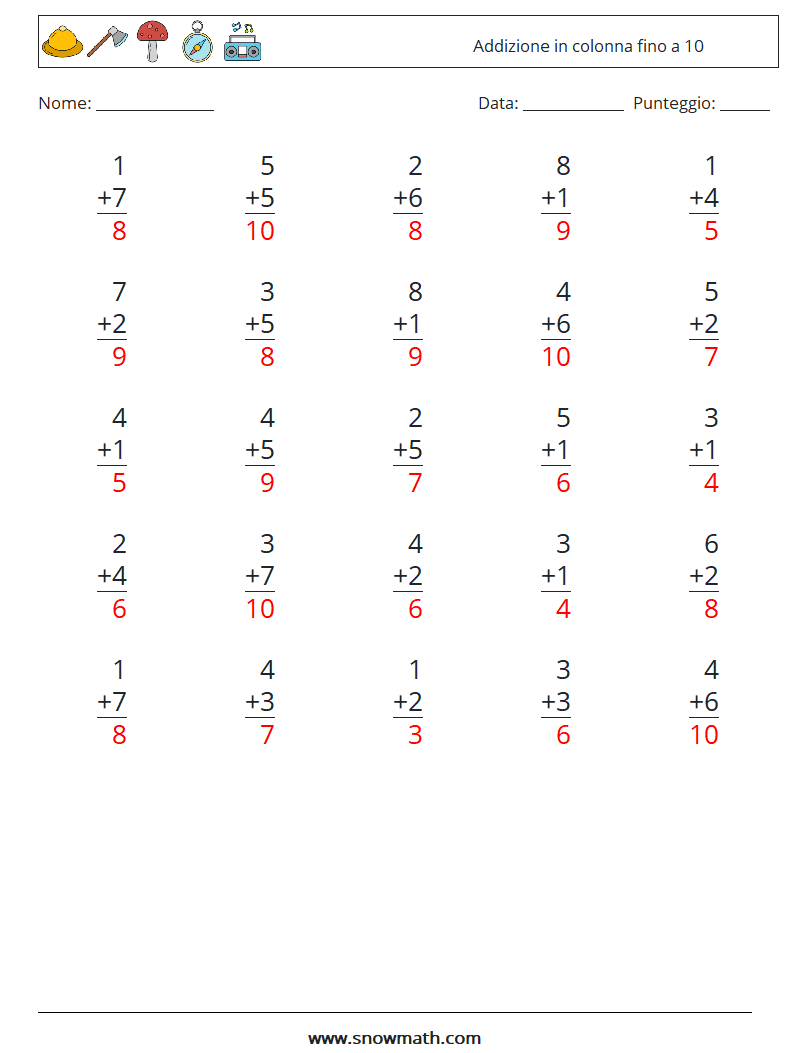 (25) Addizione in colonna fino a 10 Fogli di lavoro di matematica 6 Domanda, Risposta