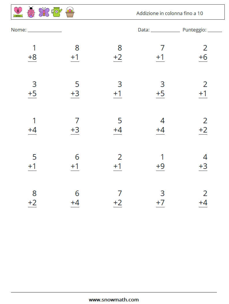(25) Addizione in colonna fino a 10 Fogli di lavoro di matematica 7