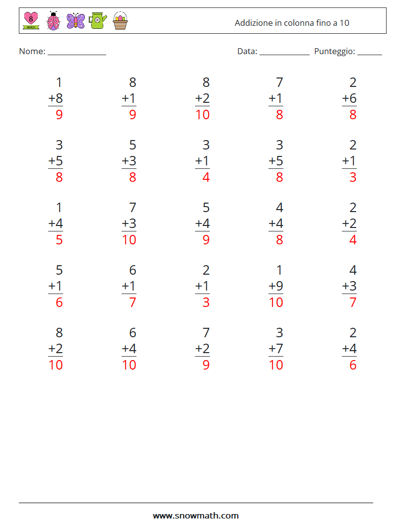 (25) Addizione in colonna fino a 10 Fogli di lavoro di matematica 7 Domanda, Risposta