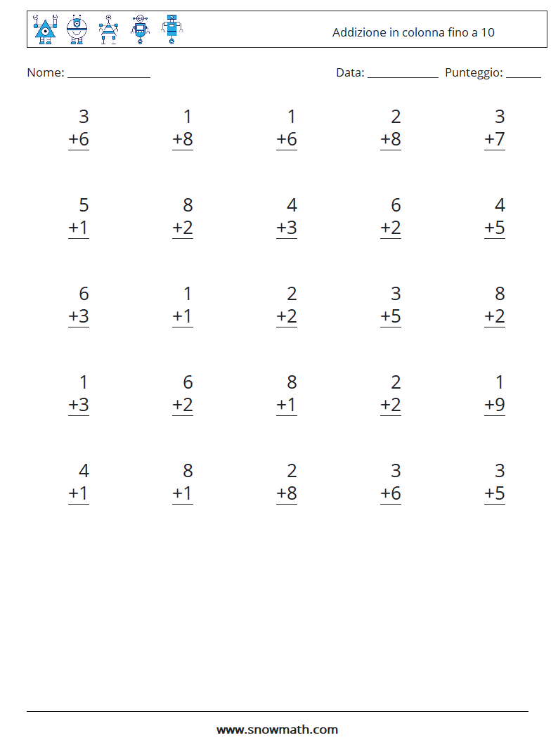 (25) Addizione in colonna fino a 10 Fogli di lavoro di matematica 8