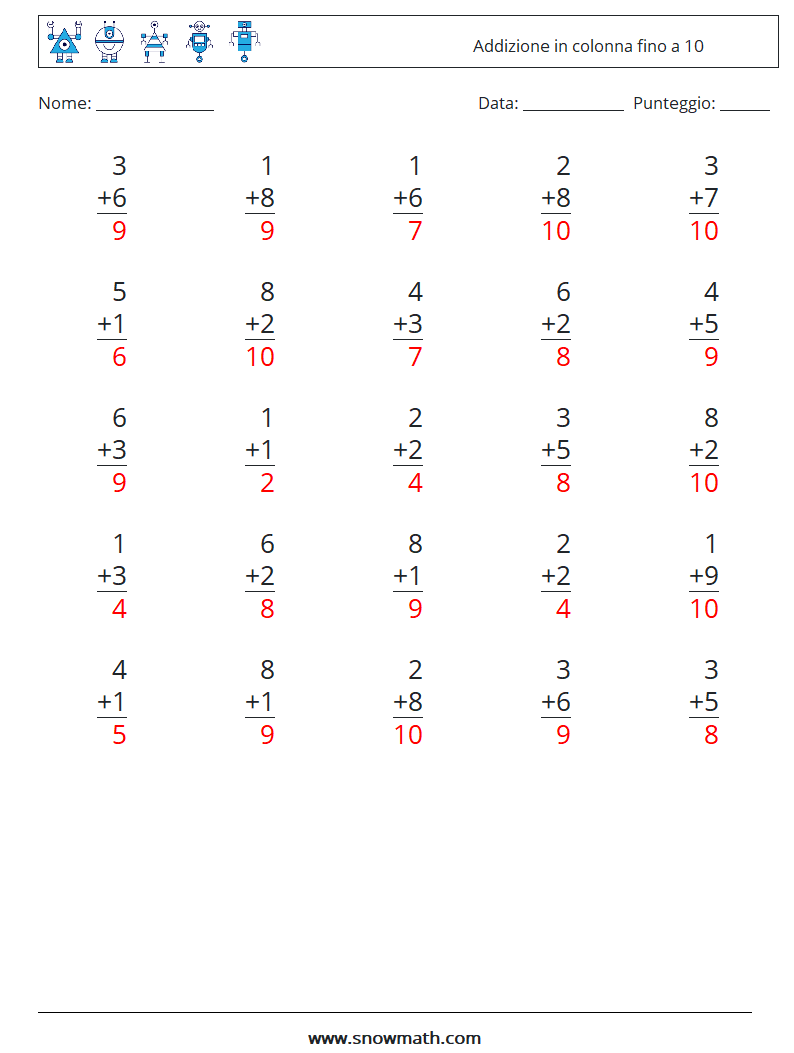 (25) Addizione in colonna fino a 10 Fogli di lavoro di matematica 8 Domanda, Risposta
