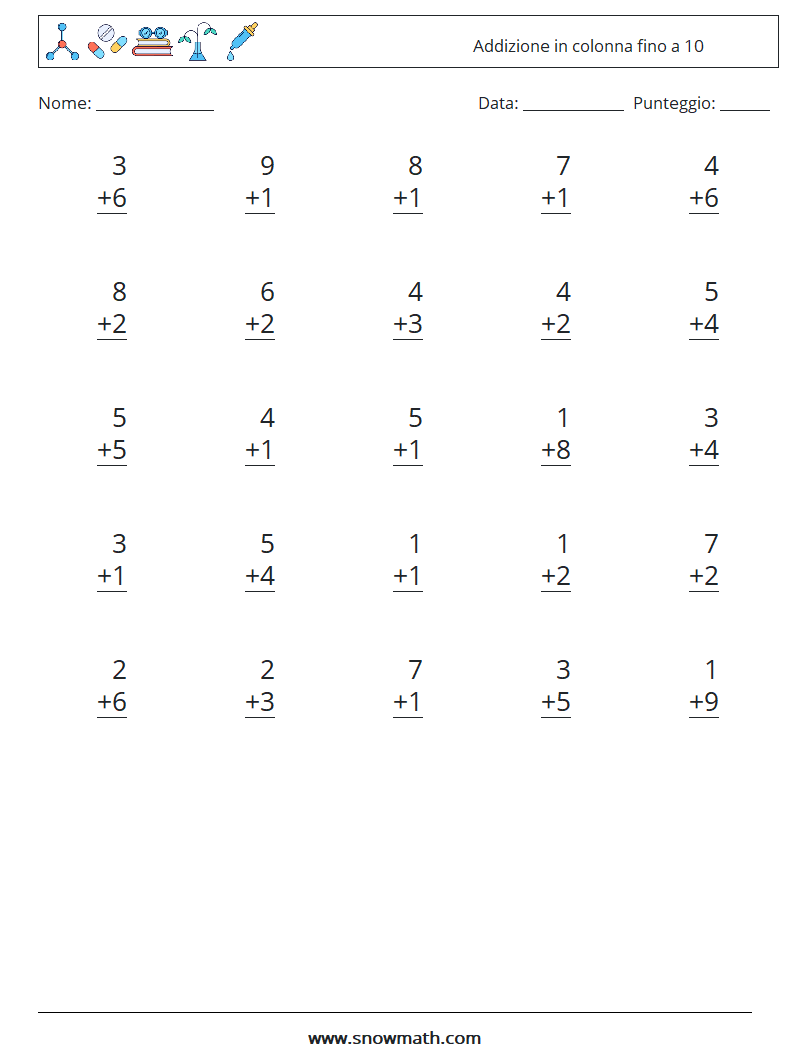 (25) Addizione in colonna fino a 10 Fogli di lavoro di matematica 9
