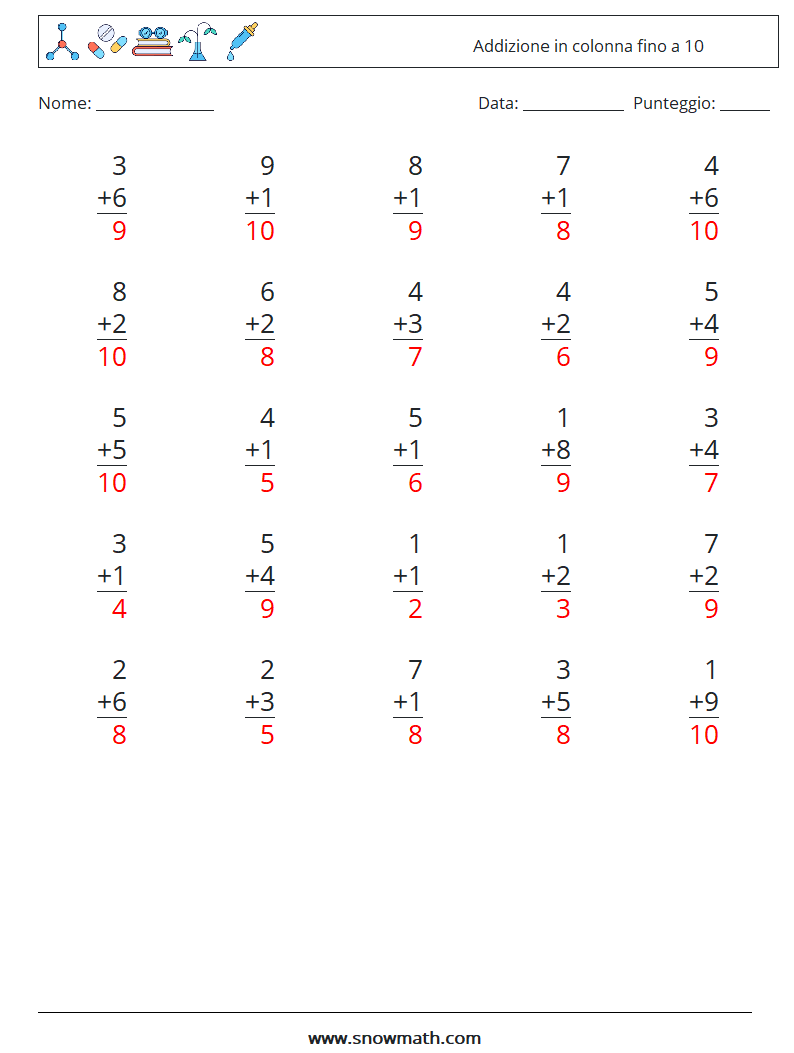 (25) Addizione in colonna fino a 10 Fogli di lavoro di matematica 9 Domanda, Risposta