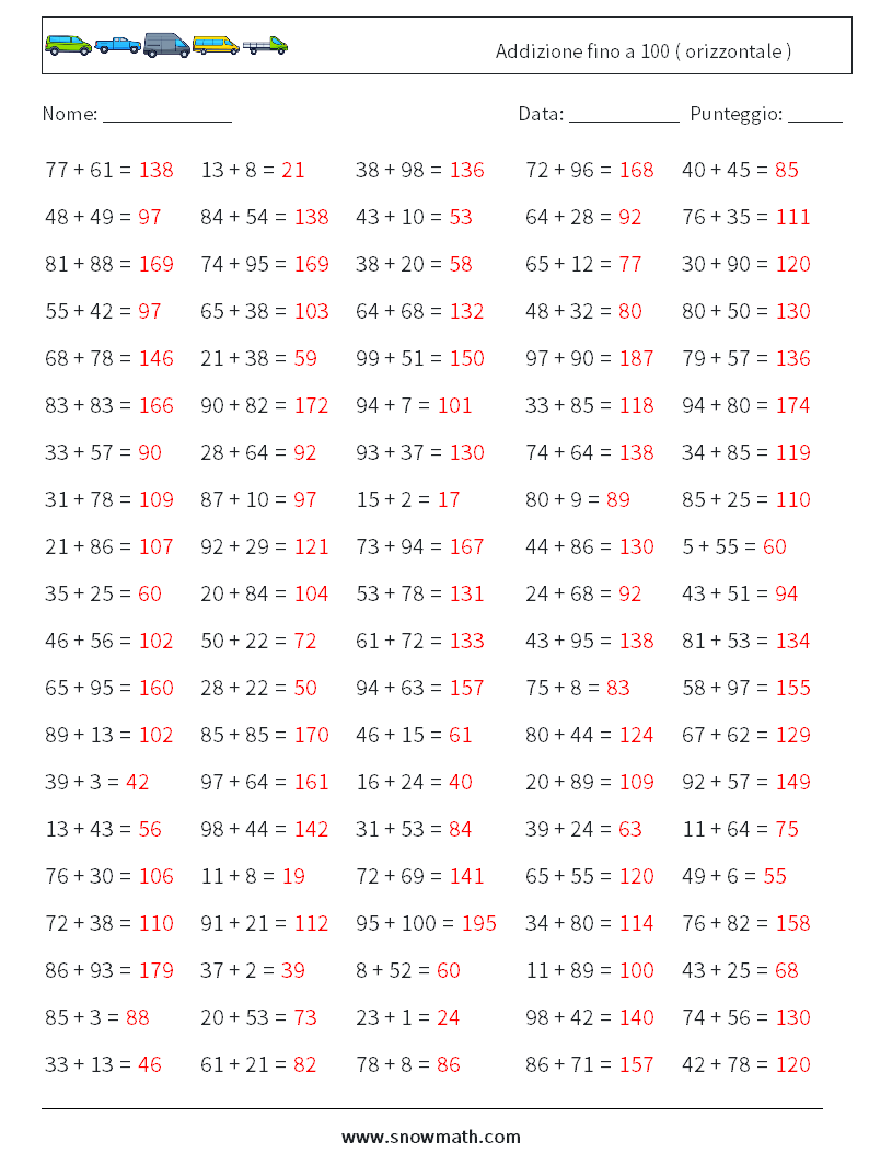 (100) Addizione fino a 100 ( orizzontale ) Fogli di lavoro di matematica 1 Domanda, Risposta