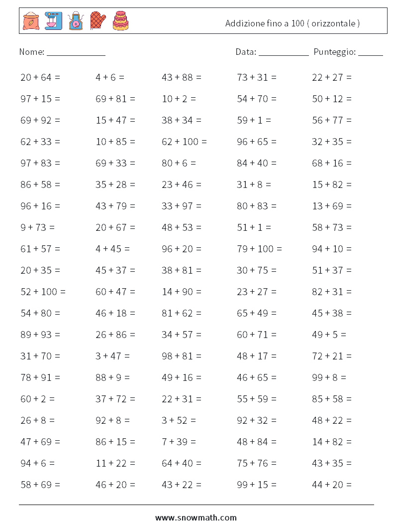 (100) Addizione fino a 100 ( orizzontale ) Fogli di lavoro di matematica 2