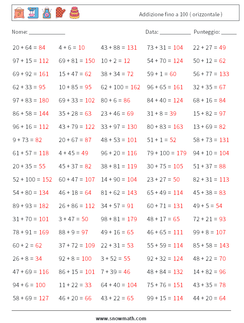 (100) Addizione fino a 100 ( orizzontale ) Fogli di lavoro di matematica 2 Domanda, Risposta