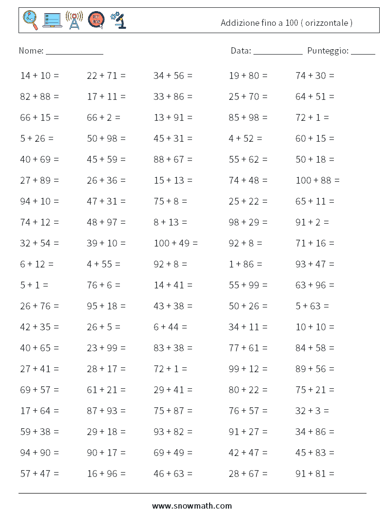 (100) Addizione fino a 100 ( orizzontale ) Fogli di lavoro di matematica 3