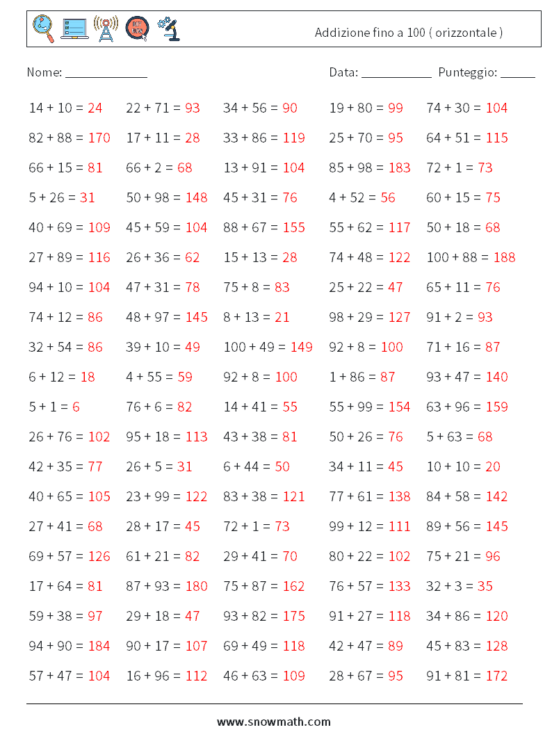 (100) Addizione fino a 100 ( orizzontale ) Fogli di lavoro di matematica 3 Domanda, Risposta