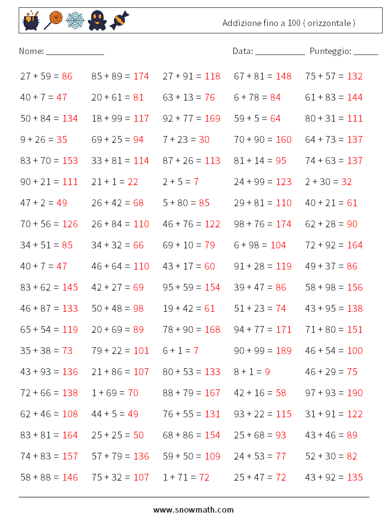 (100) Addizione fino a 100 ( orizzontale ) Fogli di lavoro di matematica 5 Domanda, Risposta