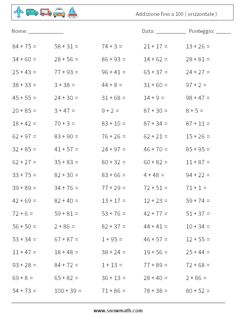 (100) Addizione fino a 100 ( orizzontale ) Fogli di lavoro di matematica 6