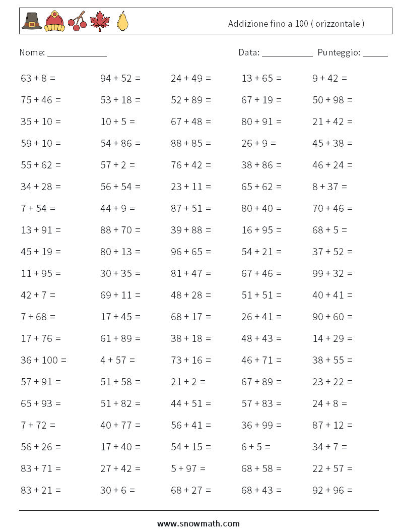 (100) Addizione fino a 100 ( orizzontale ) Fogli di lavoro di matematica 7