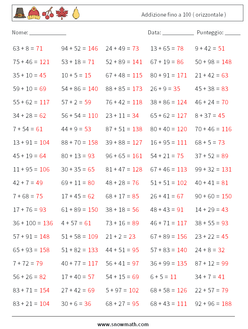 (100) Addizione fino a 100 ( orizzontale ) Fogli di lavoro di matematica 7 Domanda, Risposta