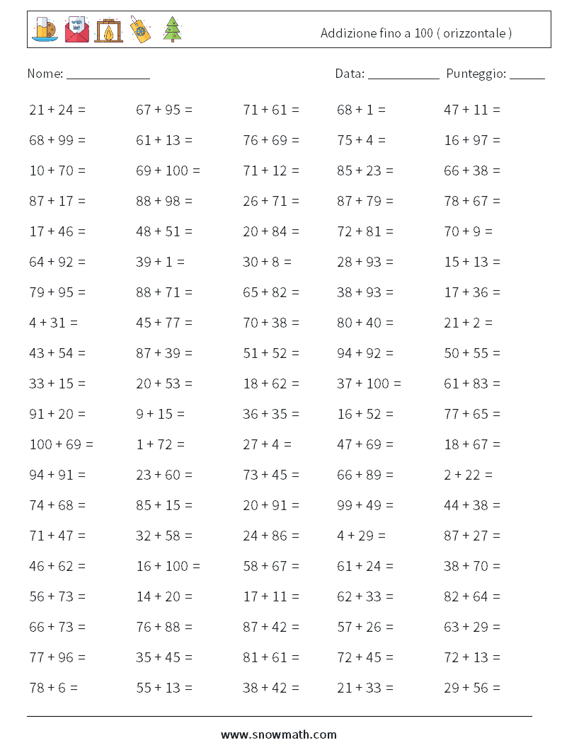 (100) Addizione fino a 100 ( orizzontale ) Fogli di lavoro di matematica 8