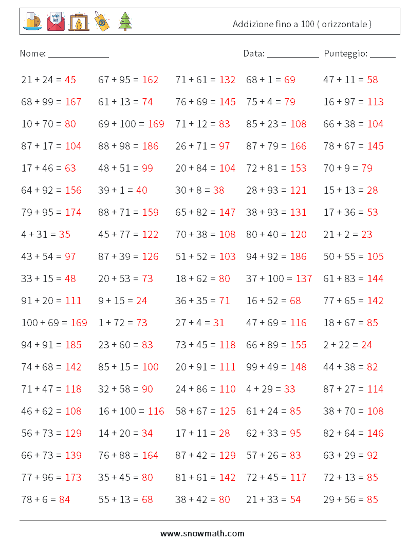 (100) Addizione fino a 100 ( orizzontale ) Fogli di lavoro di matematica 8 Domanda, Risposta