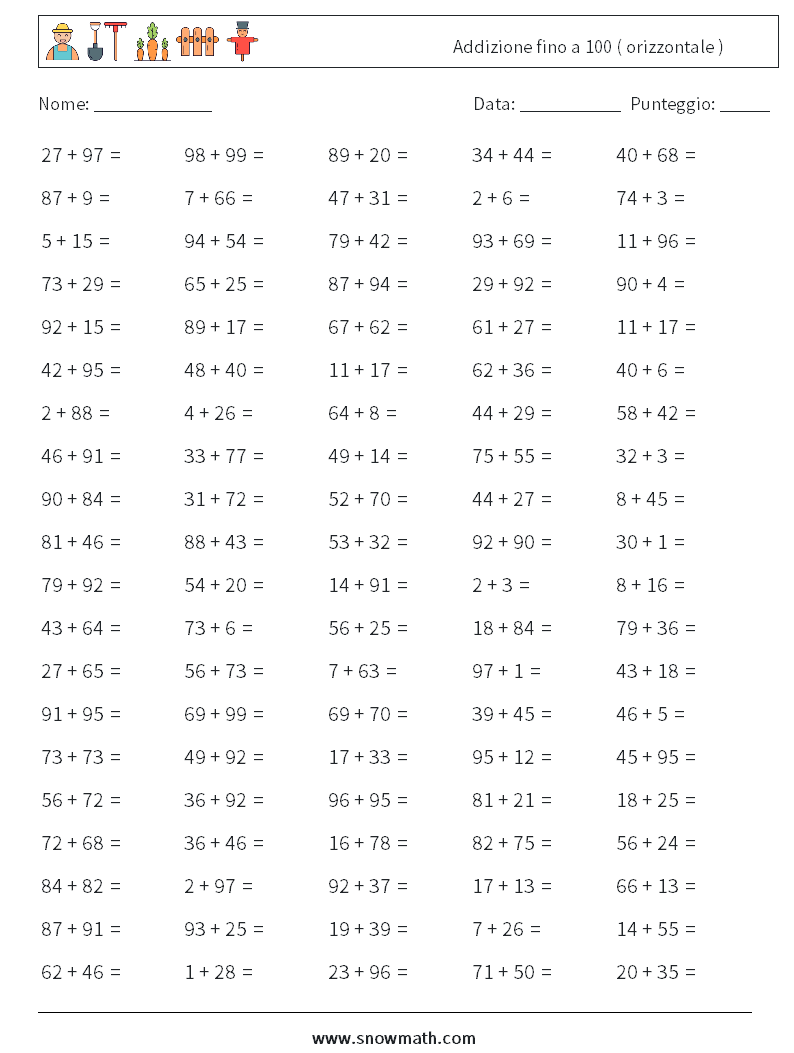 (100) Addizione fino a 100 ( orizzontale ) Fogli di lavoro di matematica 9