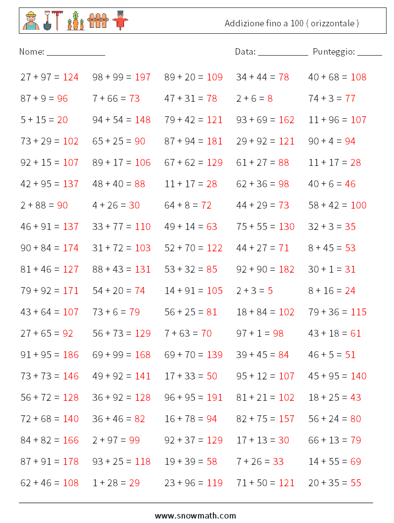 (100) Addizione fino a 100 ( orizzontale ) Fogli di lavoro di matematica 9 Domanda, Risposta