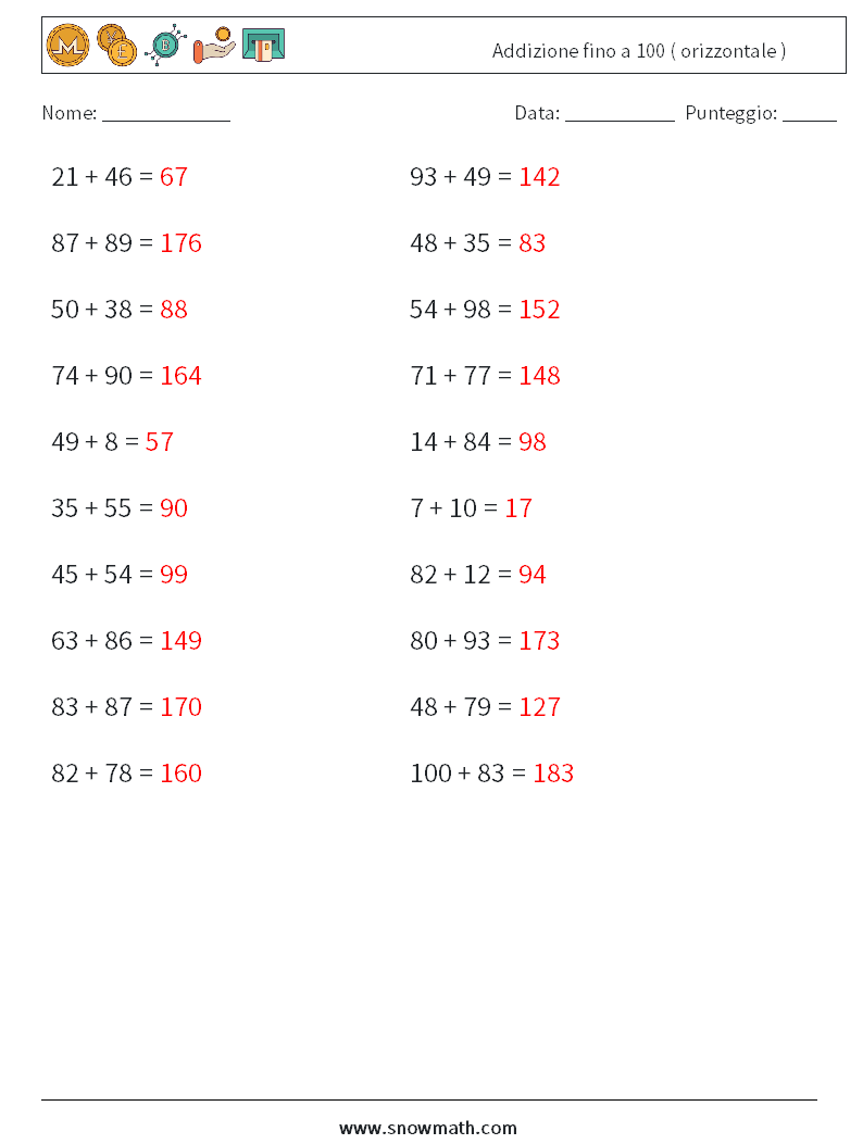 (20) Addizione fino a 100 ( orizzontale ) Fogli di lavoro di matematica 1 Domanda, Risposta
