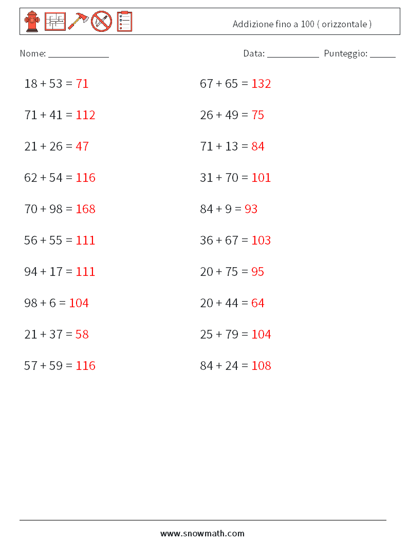 (20) Addizione fino a 100 ( orizzontale ) Fogli di lavoro di matematica 2 Domanda, Risposta