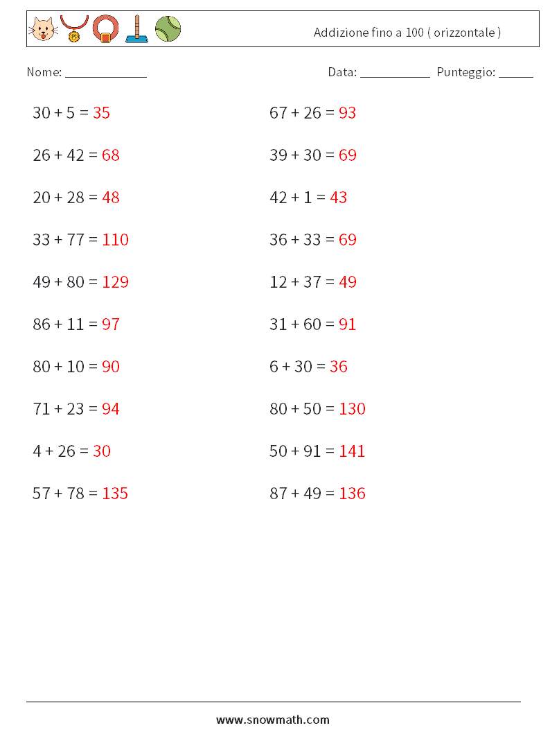 (20) Addizione fino a 100 ( orizzontale ) Fogli di lavoro di matematica 5 Domanda, Risposta