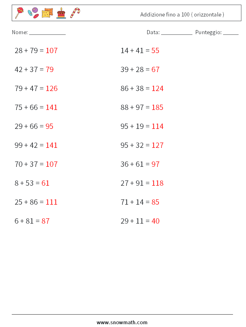 (20) Addizione fino a 100 ( orizzontale ) Fogli di lavoro di matematica 7 Domanda, Risposta