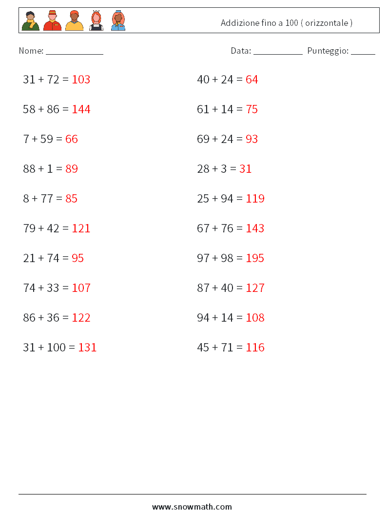 (20) Addizione fino a 100 ( orizzontale ) Fogli di lavoro di matematica 8 Domanda, Risposta
