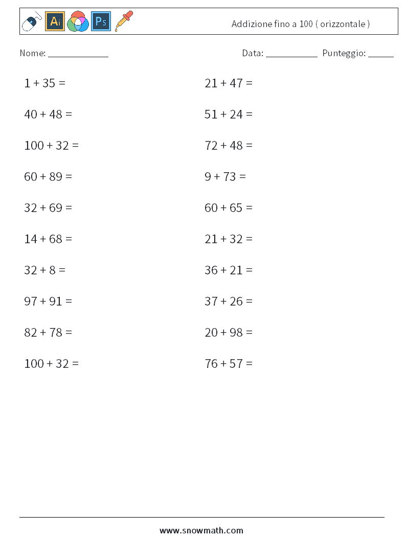 (20) Addizione fino a 100 ( orizzontale ) Fogli di lavoro di matematica 9