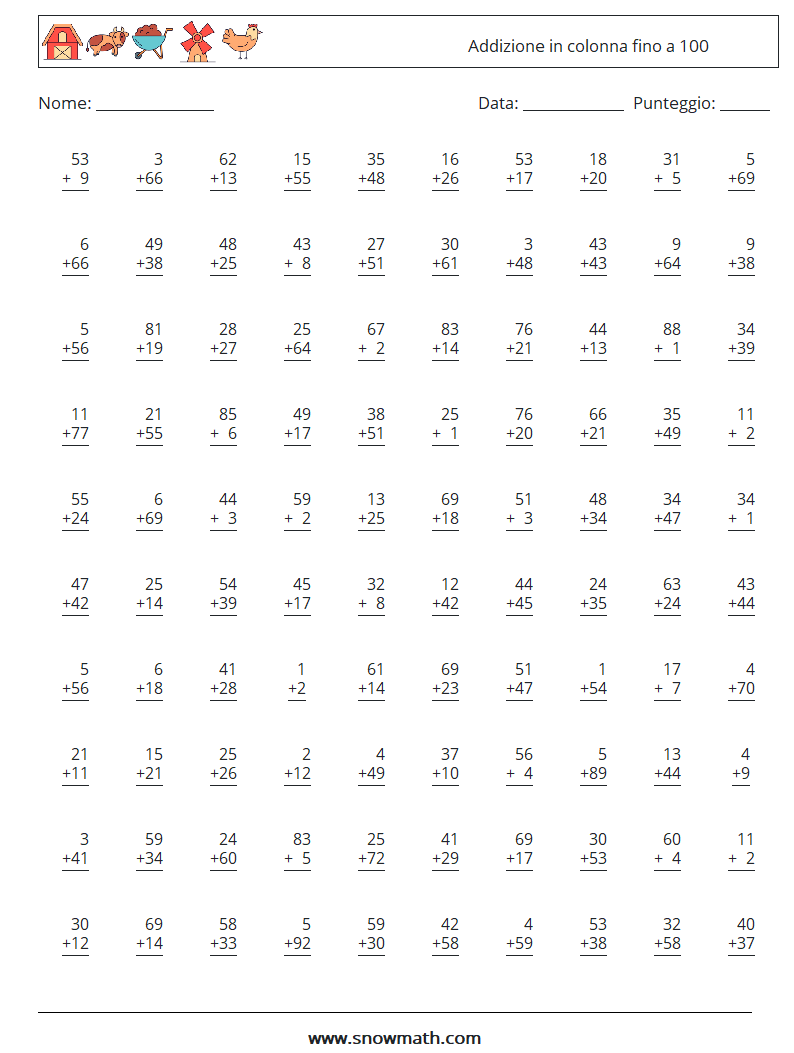 (100) Addizione in colonna fino a 100 Fogli di lavoro di matematica 14